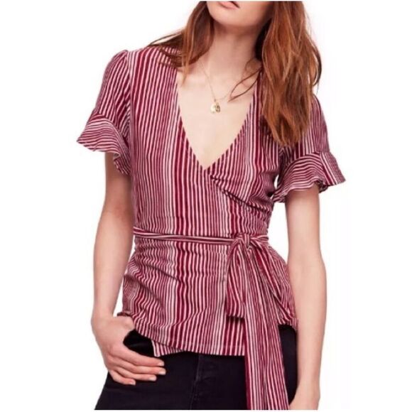 Free People Wrapped Around My Finger red wine/white stripe wrap shirt top XS - Picture 1 of 12